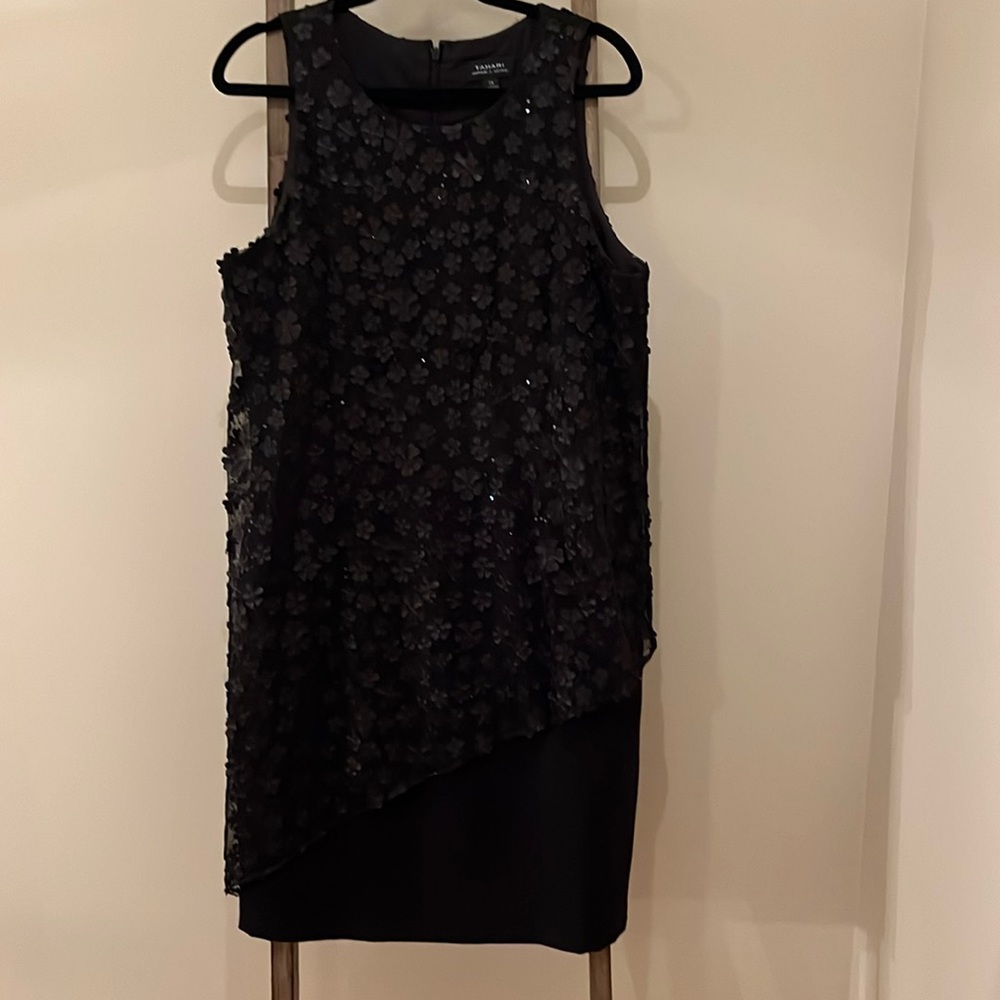 Tahari black appliqué and sequin dress